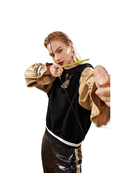 x mikylie embroidery patched chain detail striped tape flounce sleeve 2 in 1 pullover v8ox#, Black
x mikylie embroidery patched chain detail striped tape flounce sleeve 2 in 1 pullover v8ox#, Black