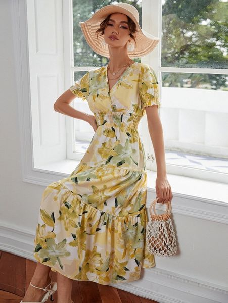 random floral print shirred ruffle hem flounce sleeve dress f5i2#, Black;gray 
random floral print shirred ruffle hem flounce sleeve dress f5i2#, Black;gray
