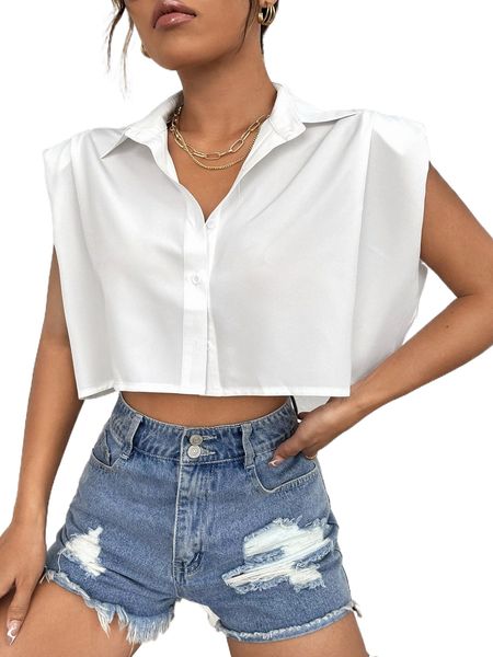 solid button front shirt d98f#, White