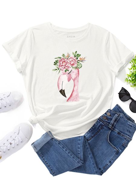 floral & flamingo print tee a4pr#, White