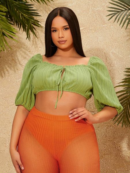 sxy plus frill trim tie front crop c3q4#, Black
sxy plus frill trim tie front crop c3q4#, Black