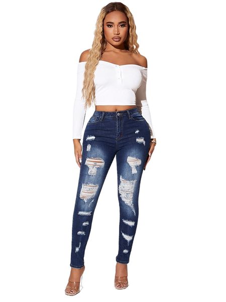 sxy slant pocket ripped detail jeans o9zv#, Blue 
sxy slant pocket ripped detail jeans o9zv#, Blue