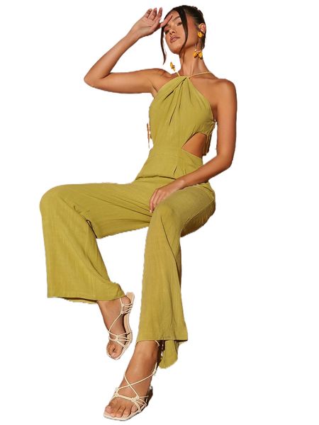 cut out tie back halter jumpsuit x9h7#, Black;white 
cut out tie back halter jumpsuit x9h7#, Black;white