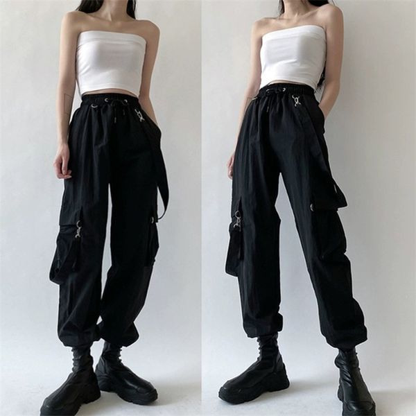 women fashion harajuku cargo pants black detachable strap trousers female elastic waist streetwear pants plus zise casual pants lj201130, Black;white
women fashion harajuku cargo pants black detachable strap trousers female elastic waist streetwear pants plus zise casual pants lj201130, Black;white