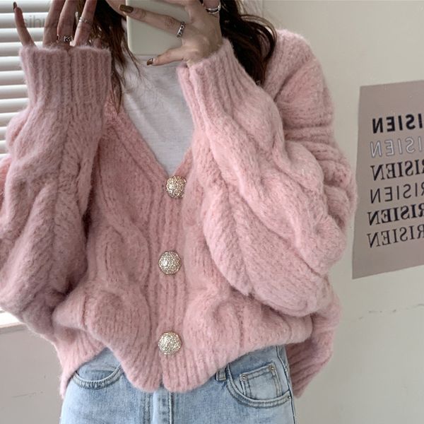 qingwen autumn winter warm pink sweater jacket women retro korean fashion loose v neck solid thick knitted vest outfit l220725, White 
qingwen autumn winter warm pink sweater jacket women retro korean fashion loose v neck solid thick knitted vest outfit l220725, White