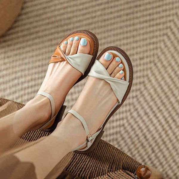 sandals simple leather one line sandals women's flat bottom summer exposed toe versatile soft french low heel casual roman shoes 073o, Black