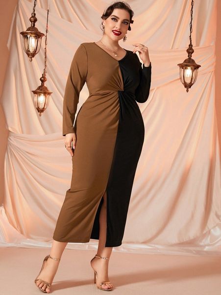 plus two tone twist split hem dress r5b2#, Black 
plus two tone twist split hem dress r5b2#, Black