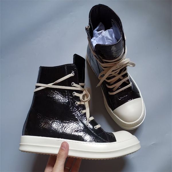 high handmade lace up man ramones folds patent real leather personalized sneakers boots, Black
high handmade lace up man ramones folds patent real leather personalized sneakers boots, Black