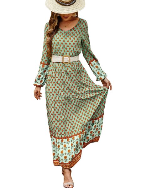 paisley & floral print lantern sleeve ruffle hem dress without belt o66q#, Black;gray
paisley & floral print lantern sleeve ruffle hem dress without belt o66q#, Black;gray
