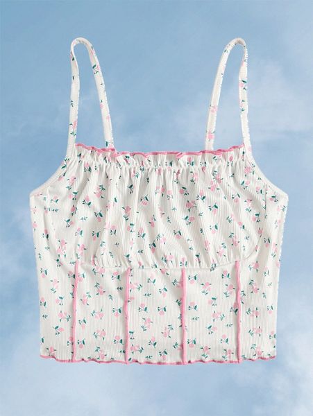 romwe ditsy floral ruched bust cami h2od#, White