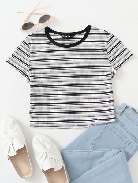 striped rib-knit crop tee k7ic#, White