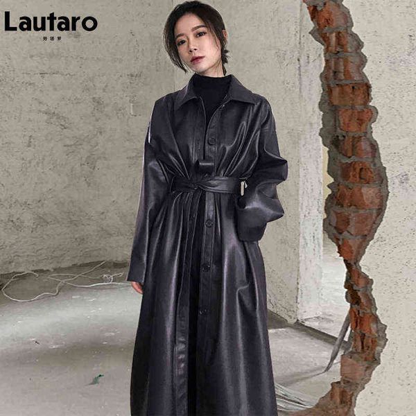 lautaro autumn long black cool pu leather trench coat for women belt single breasted loose korean fashion wholesale clothes 2022 l220728
lautaro autumn long black cool pu leather trench coat for women belt single breasted loose korean fashion wholesale clothes 2022 l220728