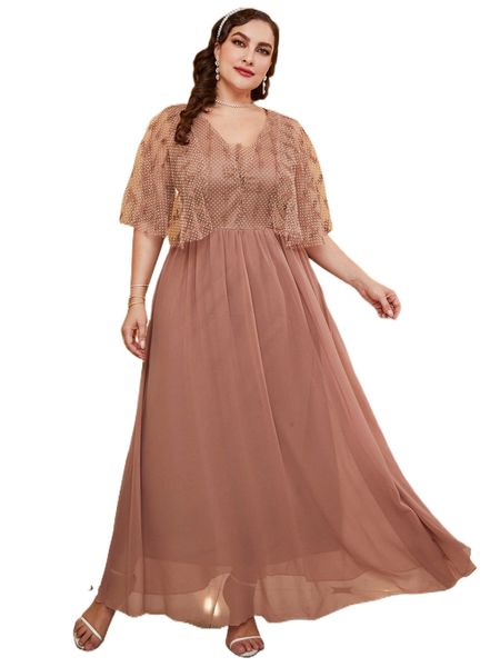 plus polka dot mesh cloak sleeve chiffon maxi dress j4ls#, Black