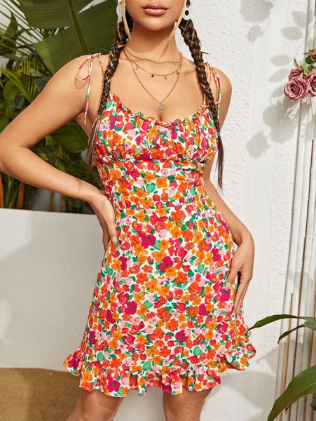 frill trim fold pleated floral print knot detail shirred cami dress 81hw#, Black;gray
frill trim fold pleated floral print knot detail shirred cami dress 81hw#, Black;gray