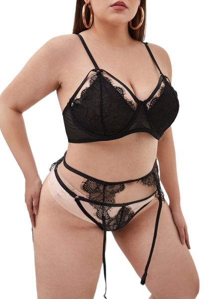 3pack plus contrast lace garter lingerie set t8xu#, Black;white 
3pack plus contrast lace garter lingerie set t8xu#, Black;white