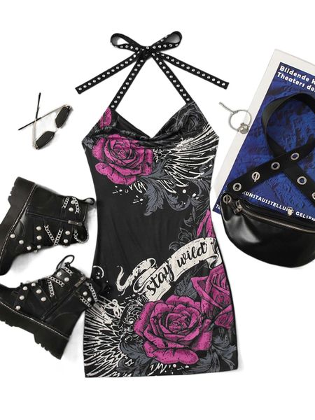 floral & letter graphic studded detail tie backless halter bodycon dress without gloves 06l2#, Black;gray
floral & letter graphic studded detail tie backless halter bodycon dress without gloves 06l2#, Black;gray