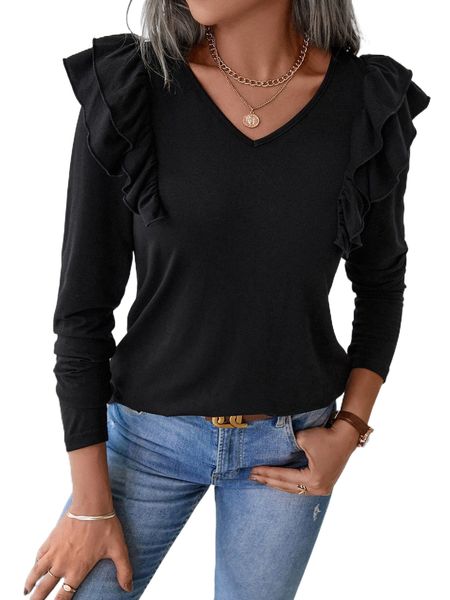 ruffle trim v neck tee e8rc#, White