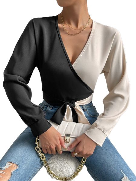 two tone wrap knot front blouse n0lu#, White
two tone wrap knot front blouse n0lu#, White