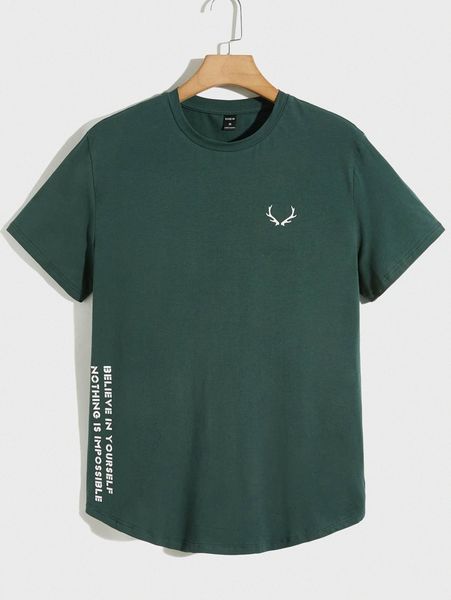 men slogan & elk print tee f58r#, White;black 
men slogan & elk print tee f58r#, White;black
