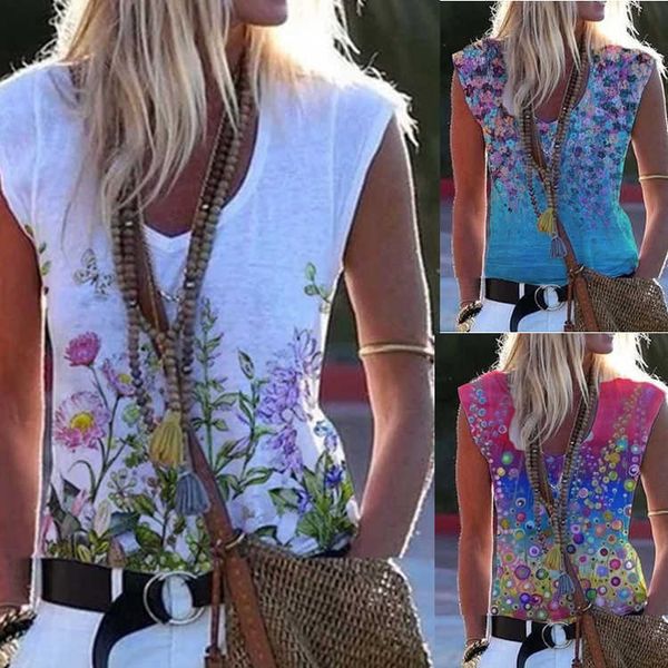 2021 spring summer pullover sleeve less loose style commuting small fresh small neckline cotton blue printed round neck t-shirt, White