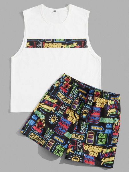 extended sizes men hand & letter graphic tank & drawstring waist shorts 47m0#, Gray
