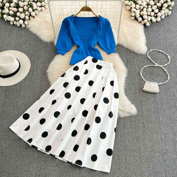 two piece dress fashion suit polka dot skirt women's high waist medium length pleated a-shaped umbrella two piece square neck knit 37e5, White
two piece dress fashion suit polka dot skirt women's high waist medium length pleated a-shaped umbrella two piece square neck knit 37e5, White
