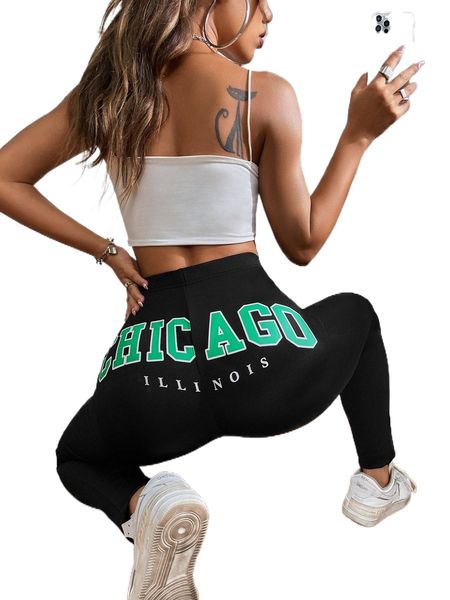 letter graphic high waist leggings 56wt#, White;black