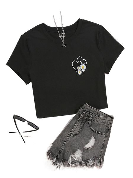 floral & heart print crop tee g4mw#, White