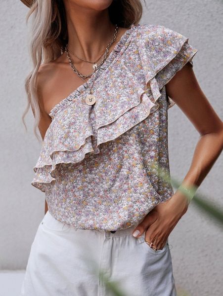 ditsy floral one shoulder ruffle trim k2ax#, White 
ditsy floral one shoulder ruffle trim k2ax#, White