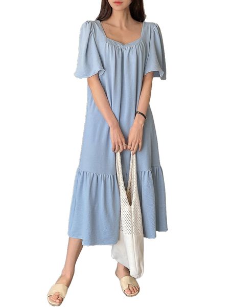 dazy solid sweetheart neck ruffle hem dress y9sd#, Black;gray