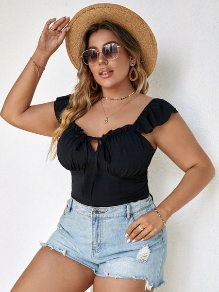 plus knot front ruffle trim crop blouse u0rz#, Black 
plus knot front ruffle trim crop blouse u0rz#, Black