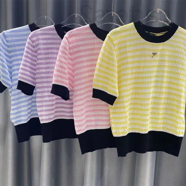 women's knits & tees designer straight 2022 summer new casual temperament knitted round neck color matching stripe hollow out short sle, White
women's knits & tees designer straight 2022 summer new casual temperament knitted round neck color matching stripe hollow out short sle, White