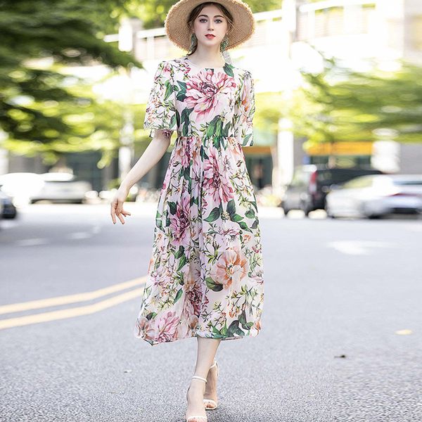 women's runway dresses o neck short sleeves floral prined fashion mid calf casual designer dress vestidos, Black
women's runway dresses o neck short sleeves floral prined fashion mid calf casual designer dress vestidos, Black