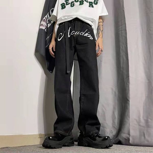letter print english straight black spring jeans for men and women ripped washed distressed casual denim trousers, Blue
letter print english straight black spring jeans for men and women ripped washed distressed casual denim trousers, Blue
