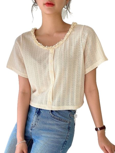 dazy frill trim button front tee p0xs#, White
dazy frill trim button front tee p0xs#, White