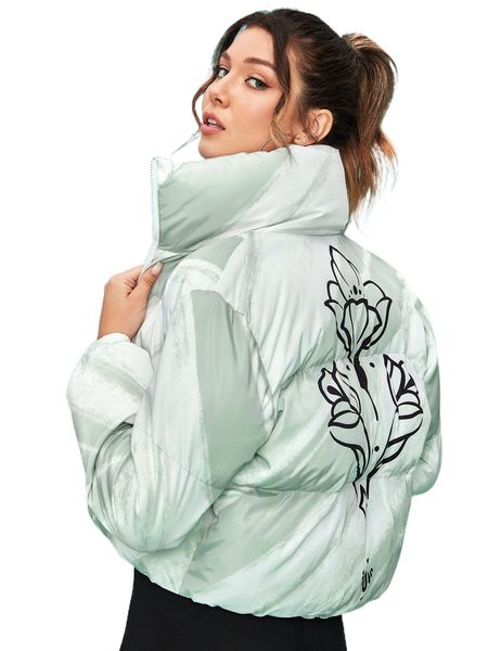x madujune floral print zip up puffer coat y9of#, Black