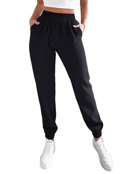 high waist slant pockets pants k6j2#, Black;white