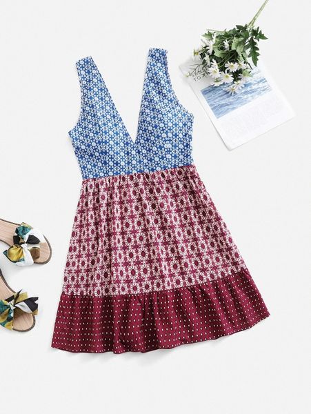 mod floral and geo print plunging neck dress x5ag#, Black;gray