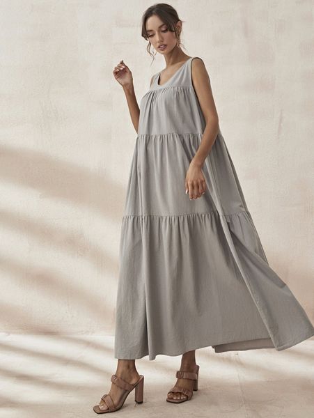 solid ruffle hem smock dress v6qf#, Black;gray
solid ruffle hem smock dress v6qf#, Black;gray