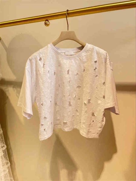 women's t-shirt short hollow out round neck clean color short sleeve shirt niche summer fresh and pure aging, White
women's t-shirt short hollow out round neck clean color short sleeve shirt niche summer fresh and pure aging, White