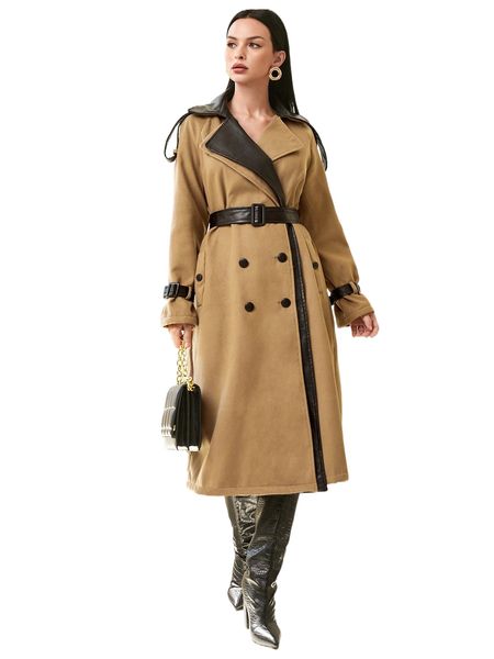 x farah pu leather panel raglan sleeve belted overcoat s0lh#, Black 
x farah pu leather panel raglan sleeve belted overcoat s0lh#, Black