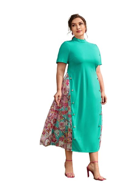 plus floral print pleated fake button dress x0ok#, Black
