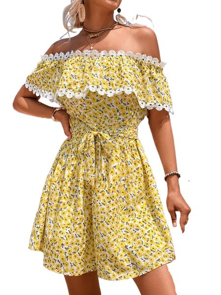 ditsy floral off shoulder guipure lace trim knot front romper m04o#, Black;white 
ditsy floral off shoulder guipure lace trim knot front romper m04o#, Black;white
