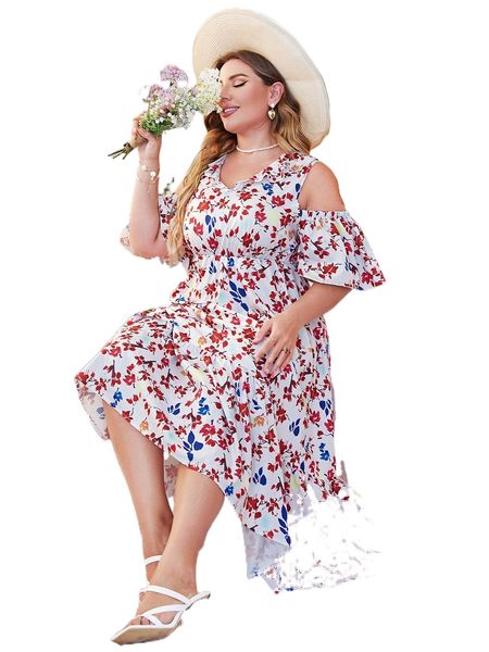 plus floral print cold shoulder ruffle hem dress e6n3#, Black 
plus floral print cold shoulder ruffle hem dress e6n3#, Black