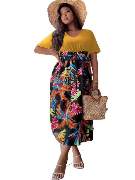 plus tropical print tie front dress k0pd#, Black 
plus tropical print tie front dress k0pd#, Black