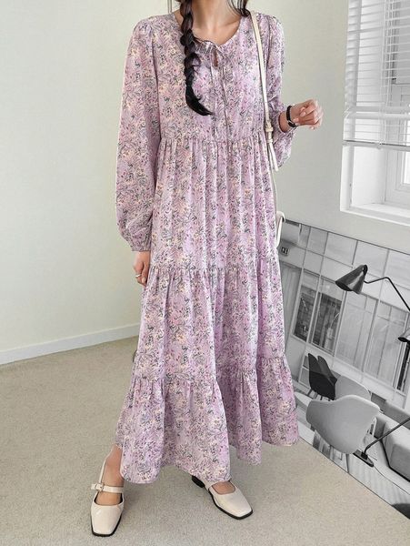 dazy floral print tie neck bishop sleeve ruffle hem smock dress m749#, Black;gray
dazy floral print tie neck bishop sleeve ruffle hem smock dress m749#, Black;gray