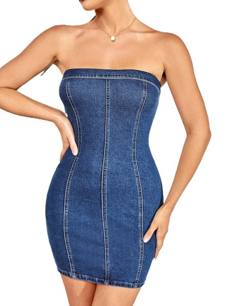 zip back tube bodycon denim dress r5ty#, Black;gray
