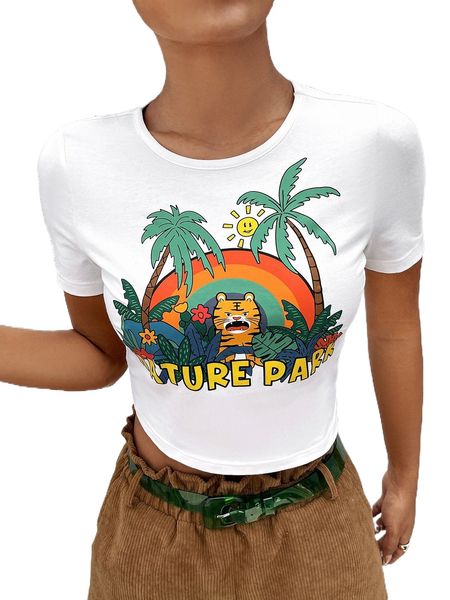 tiger & letter graphic crop tee j9lh#, White 
tiger & letter graphic crop tee j9lh#, White