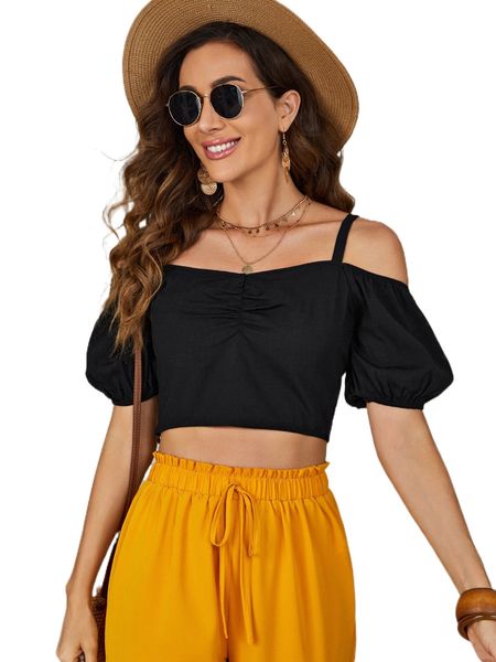 cold shoulder ruched puff sleeve crop 17hf#, White