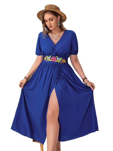 rusttydustty plus floral embroidery split thigh dress j7cc#, Black